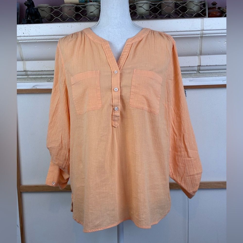 Talbots Orange Blouse w/ convertible sleeves, Henley front